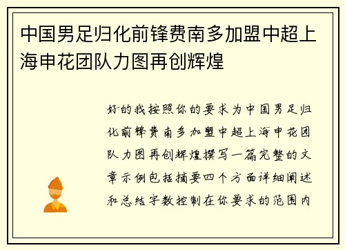 中国男足归化前锋费南多加盟中超上海申花团队力图再创辉煌